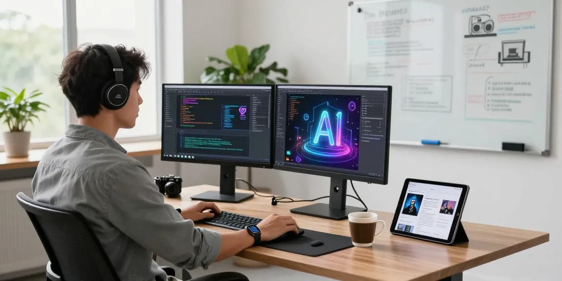 Developer using generative AI in a modern tech workspace with code on dual monitors and a vibrant office environment.