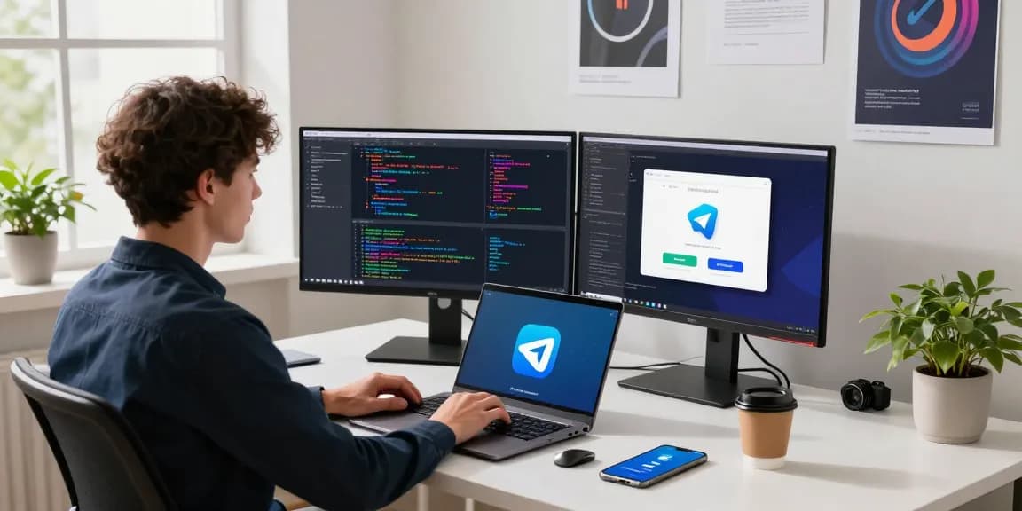 Developer engaged in coding while using Telegram Download on dual monitors in a modern office.