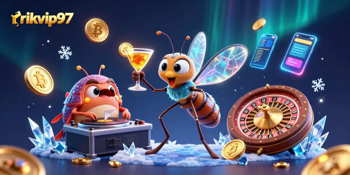 Experience excitement with rikvip97's vibrant casino-themed 3D illustration, featuring unique characters and crypto elements.