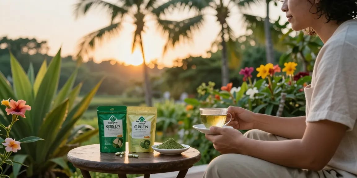 Shop green bali kratom at Happy Go Leafy, featuring Green Bali Kratom tea and eco-friendly products in a tranquil tropical setting.
