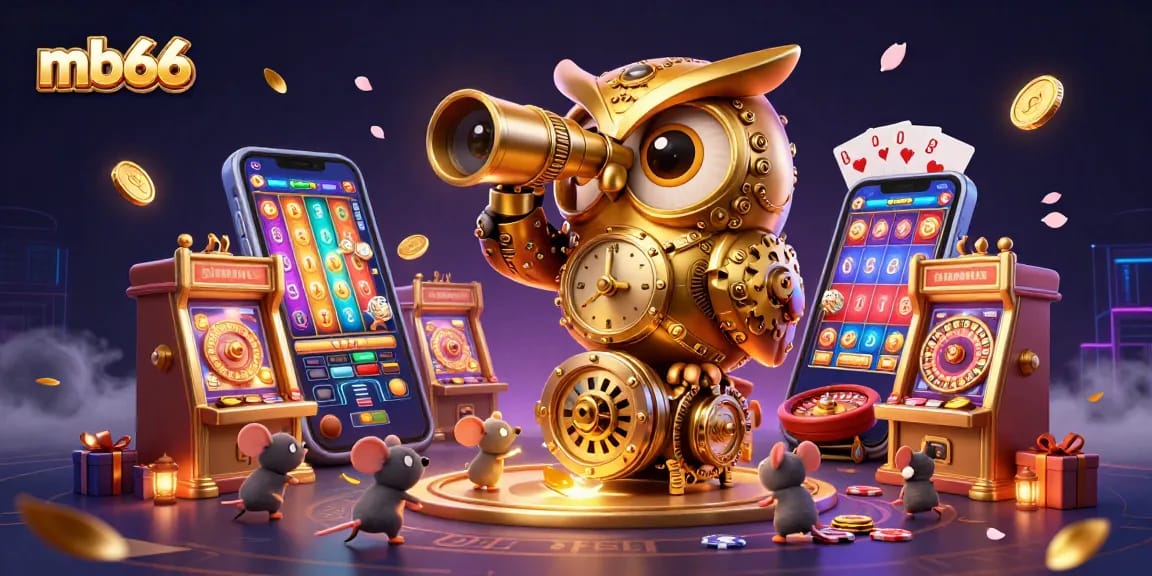 Experience the excitement of mb66 casino games with a whimsical 3D clockwork owl overseeing thrilling slot machines.