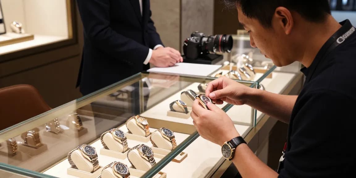 Close-up of rolex super clone watches in a luxury boutique showcasing exquisite craftsmanship and detail.