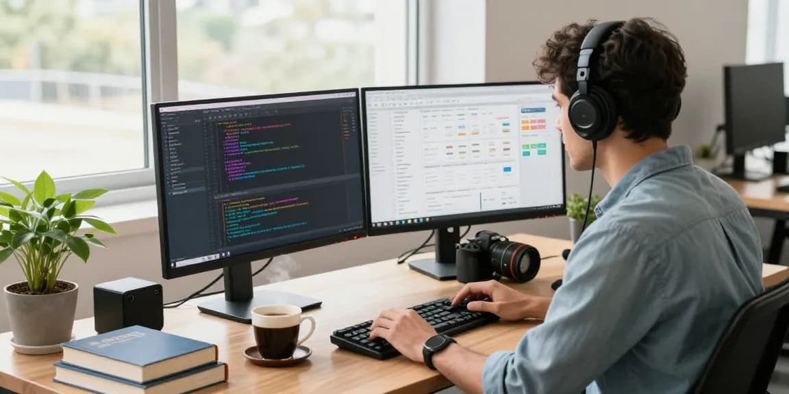 Engaged developer in a modern workspace coding WhatsApp下載 solutions on dual monitors.