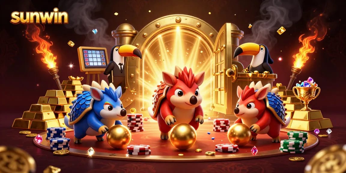 Join the excitement at sunwin with rival pangolins battling through poker chips in this vibrant casino scene.
