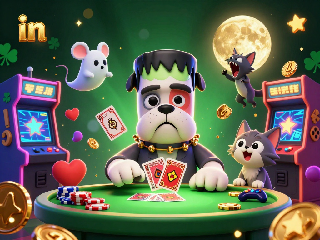Engage in thrilling card games in a lively, spooky casino scene featuring monster dealers and playful characters