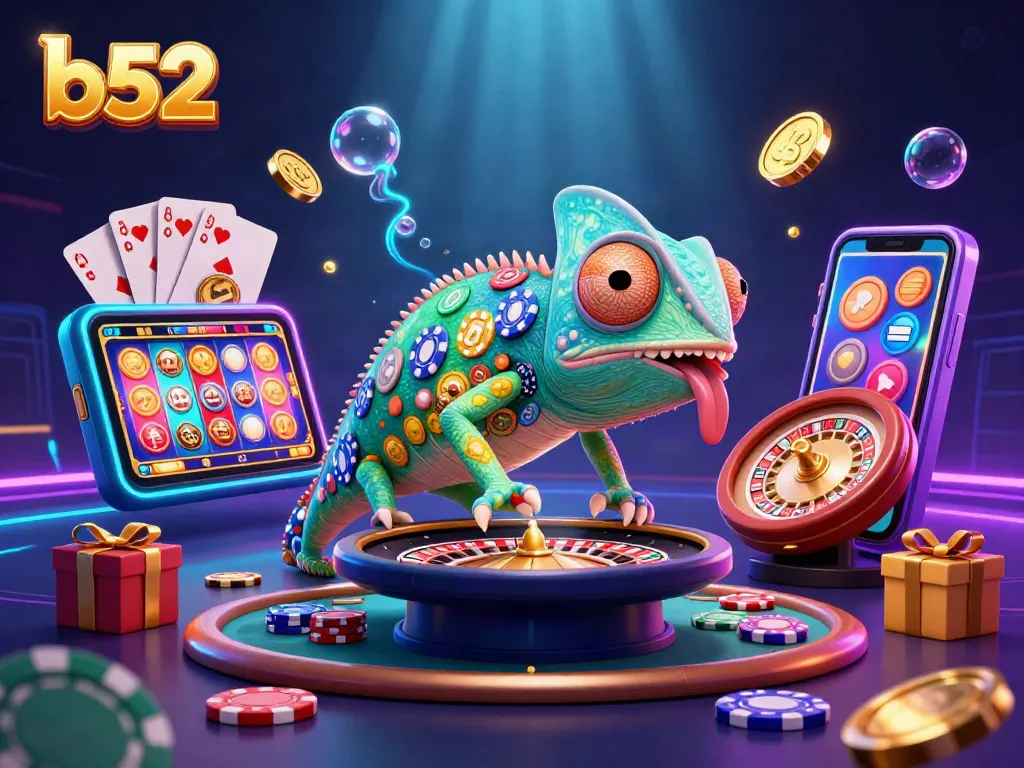 Engage with the b52 casino adventure featuring a colorful chameleon and dynamic gambling elements.