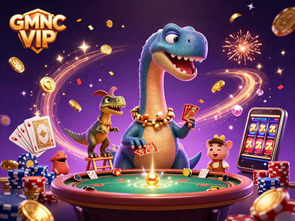 Engage in thrilling action with GMNC VIP at a vibrant casino featuring a playful brontosaurus and dynamic raptor dealer.