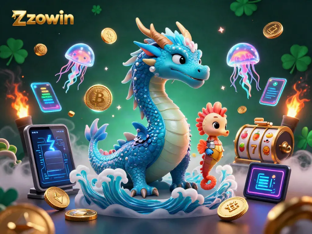 Engage with zowin through an exciting 3D casino scene featuring a dragon, seahorse knight, and neon jellyfish.