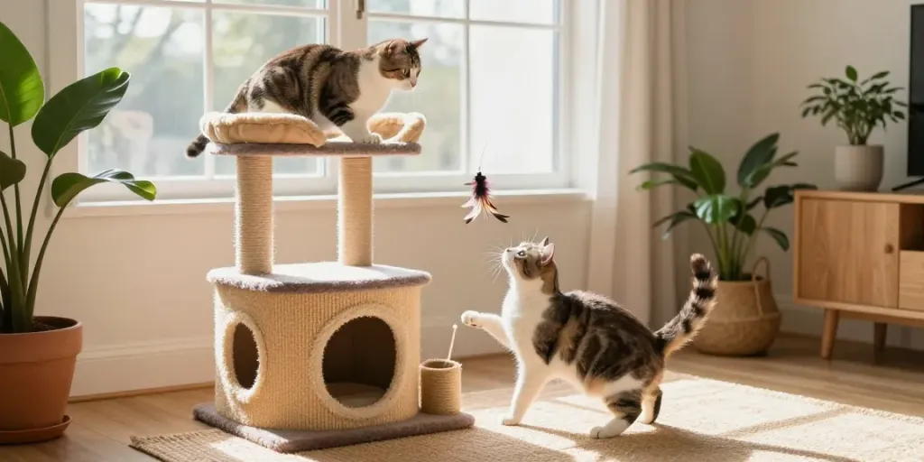 Two playful cats exploring a stylish cat tower cat tree in a bright home.