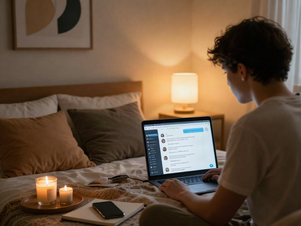 Engaging ai porn chat scene showing an intimate virtual conversation in a cozy setting.
