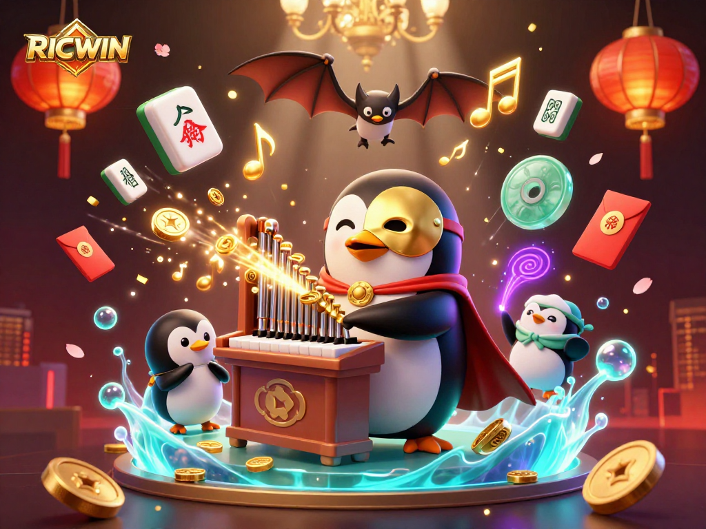 Experience the thrill of RICWIN as a phantom penguin plays for golden rewards in a vibrant casino scene.