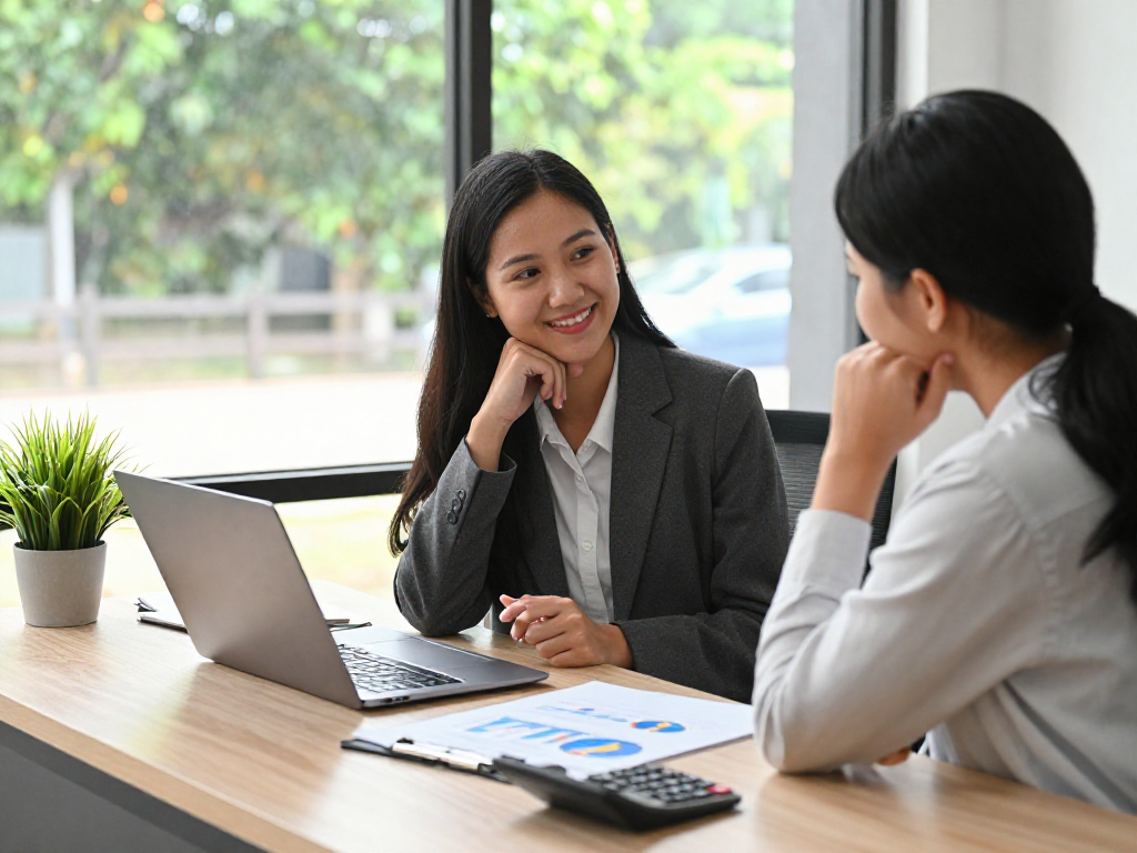 Client discussing consolidation options with financial advisor in a bright counseling office, showcasing a supportive atmosphere.