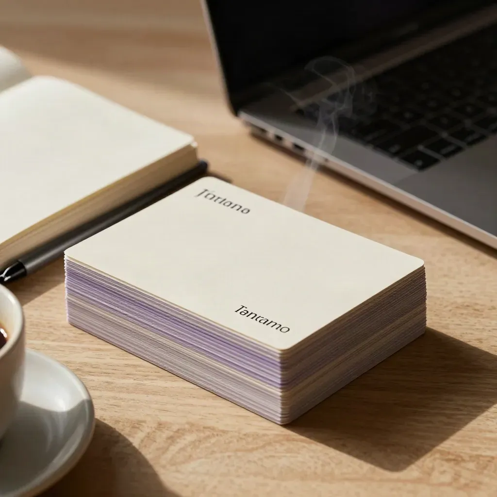 Founder prompt cards, open notebook, pen, laptop edge and coffee cup on a warm oak desk in soft light