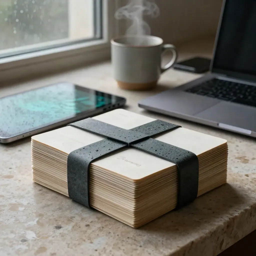 Moody AI workspace with prompt cards, tablet glow, laptop, phone and mug by a rain-soft window