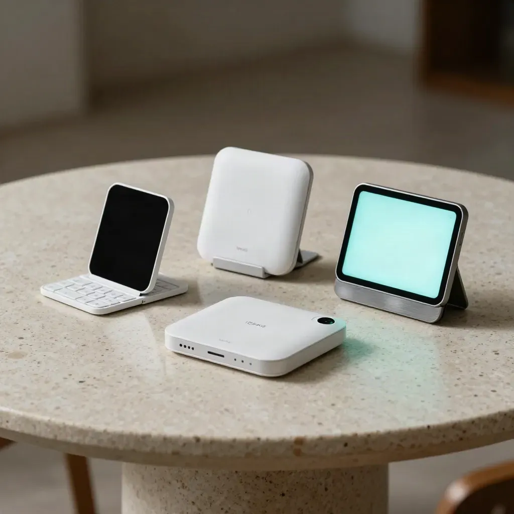 Mini demo devices, keyboard corner and card stand on travertine with a soft cyan screen glow.