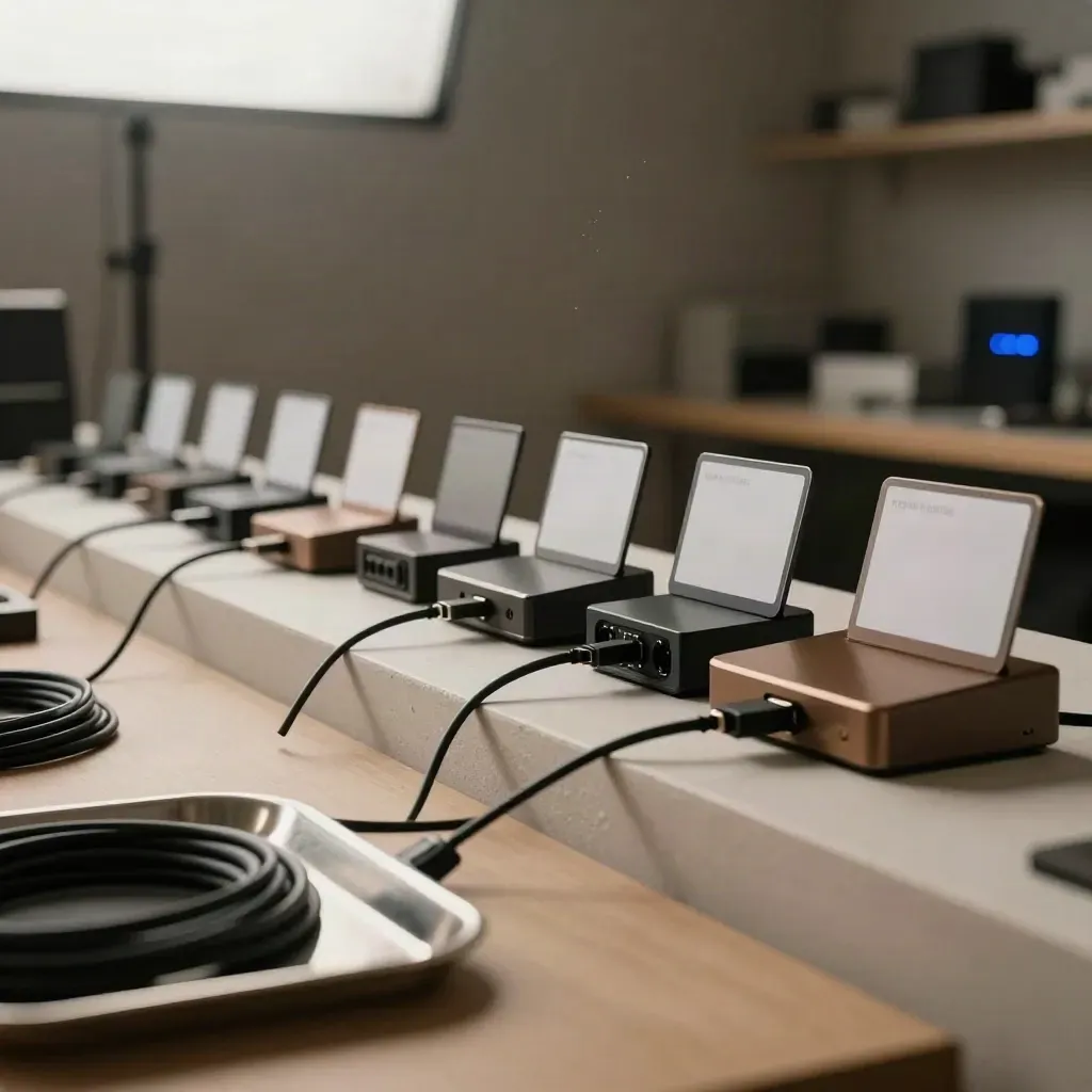 Row of device docks, cables and blank cards on plaster in a soft-lit studio.