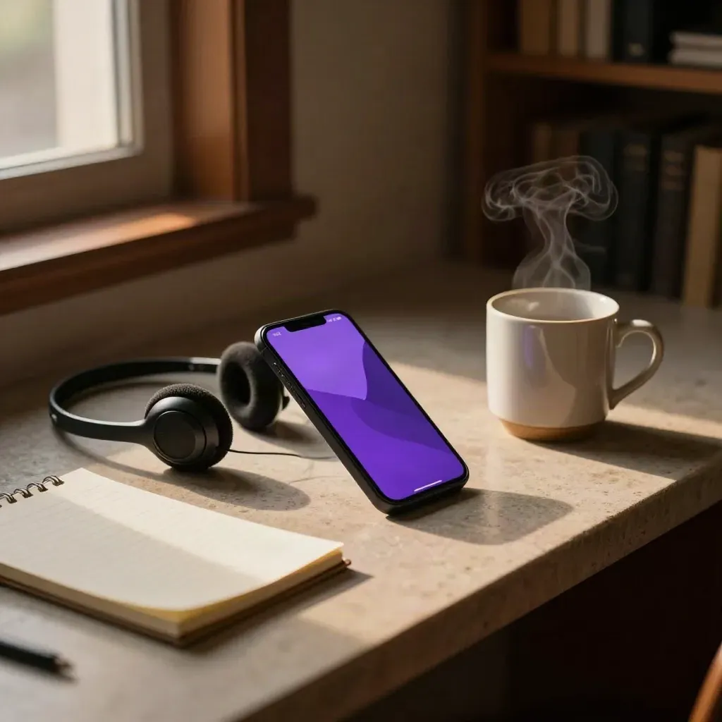 Phone, headset, face-down notepad, and steaming mug on a stone counter at dusk
