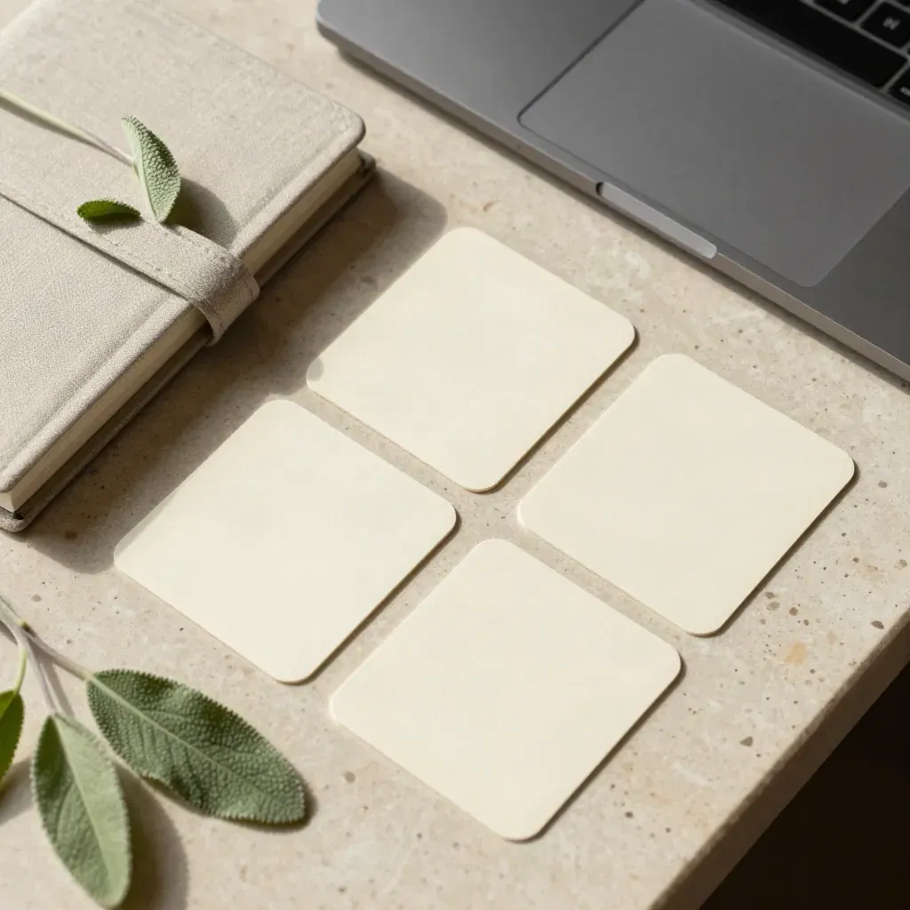 Overhead flatlay of prompt cards, notebook, plant leaf and laptop edge on pale stone.