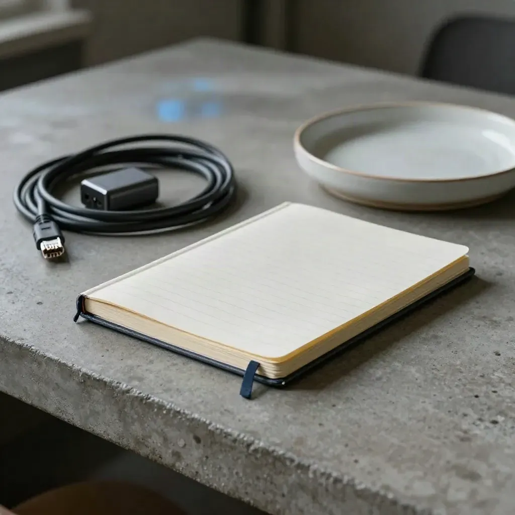 Compact API notebook, ethernet loop, adapter and ceramic tray on concrete in cool cinematic light.