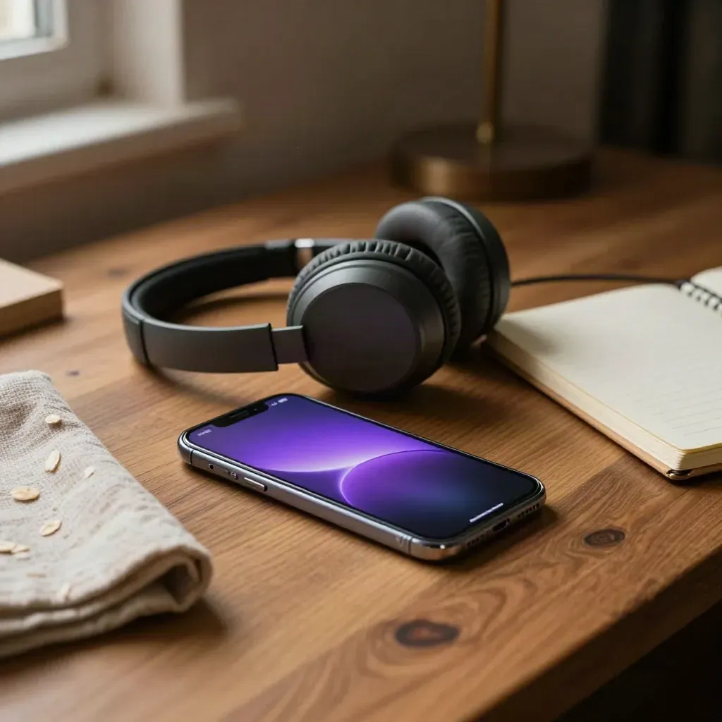Phone, headset, cloth and notebook on oak with a violet message glow in a warm support-station scene.