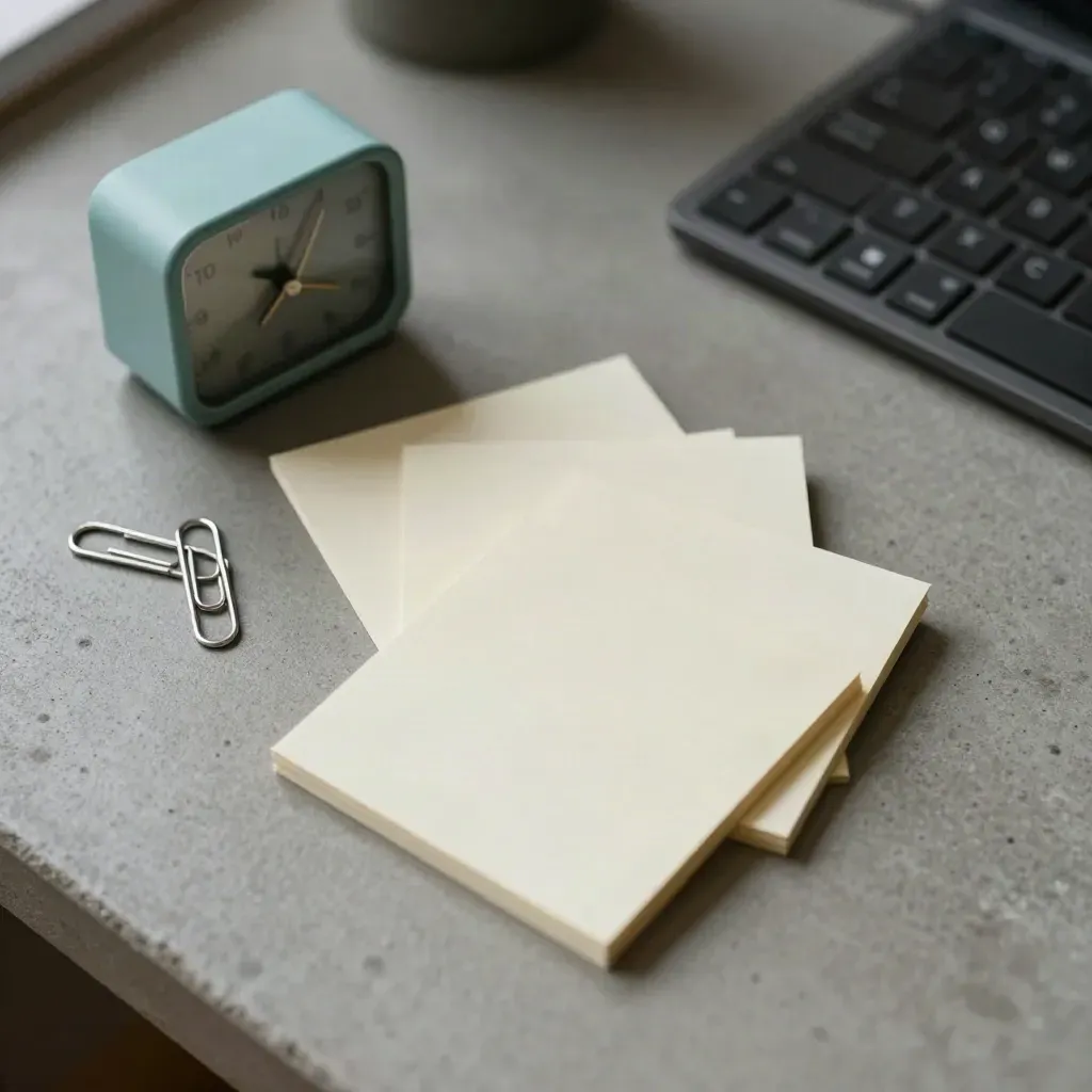 Workflow note cards, timer, paper clips, and keyboard corner sorting on concrete.