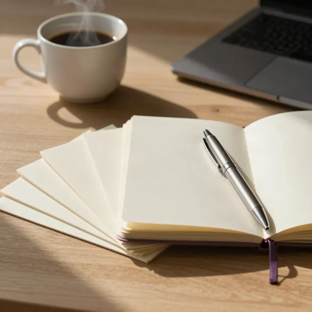 Warm morning founder planning kit with prompt cards, notebook, coffee, and laptop edge on pale wood