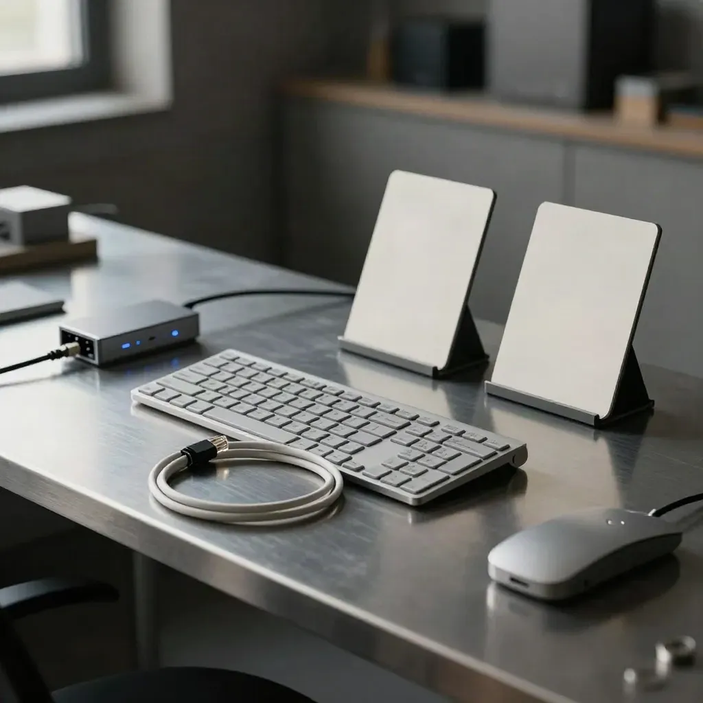 Compact keyboard, adapter hub, ethernet cable and cards on brushed steel in a cool workspace.
