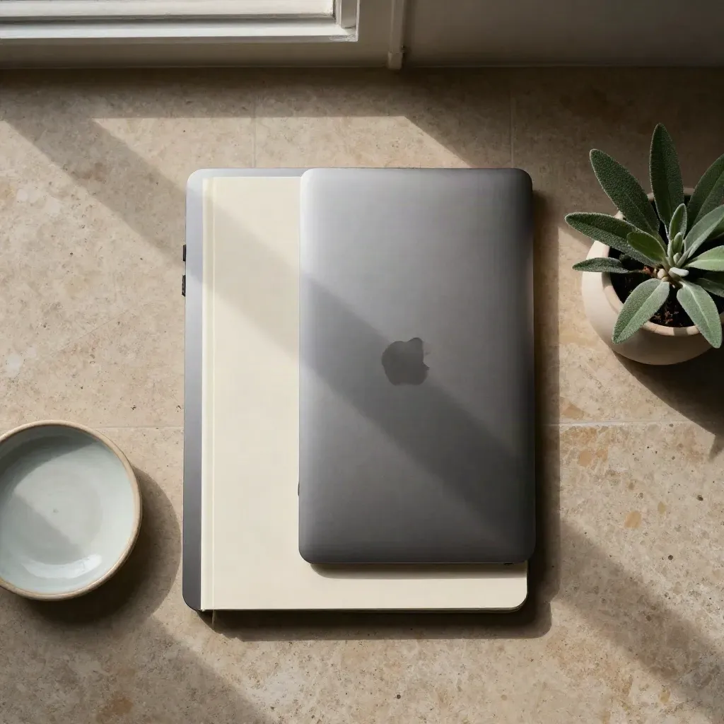Top-down flatlay of a slim laptop, notepad, ceramic dish and small plant on warm stone.