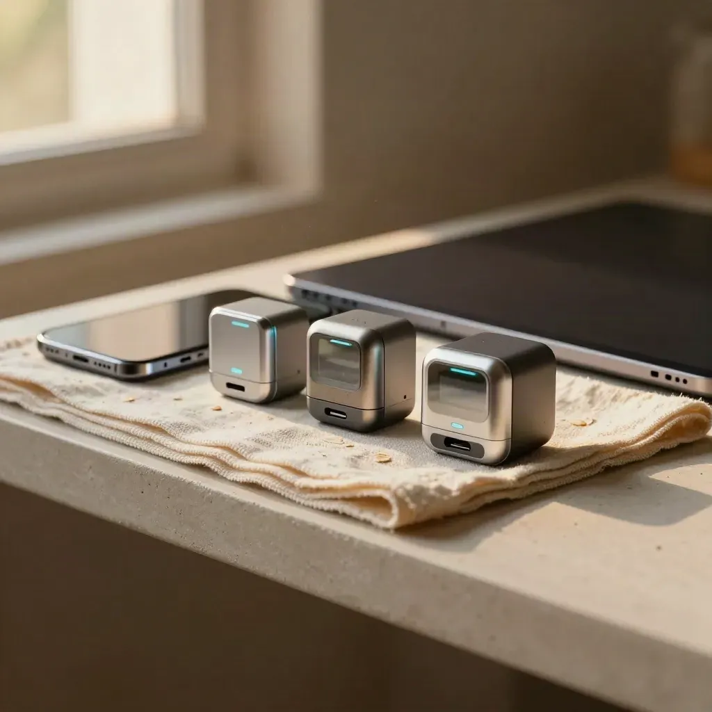 Three prototype devices with a phone and tablet on a plaster shelf in warm window light