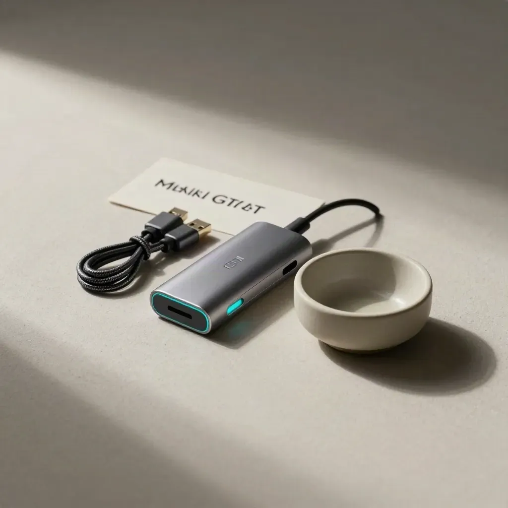 USB hub, cable, adapter plug and ceramic bowl on plaster, softly lit in a clean square still life.