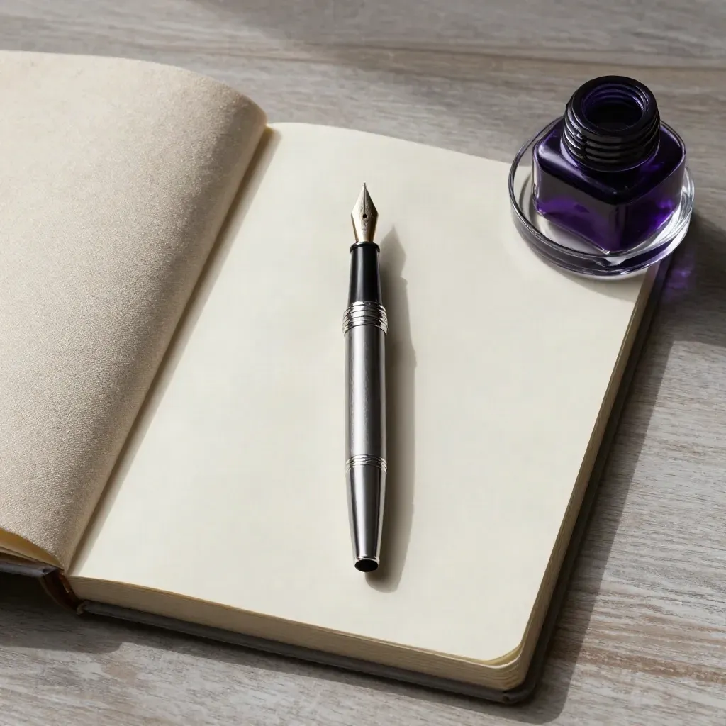 Fountain pen, blank notebook, linen cloth and glass dish on pale wood