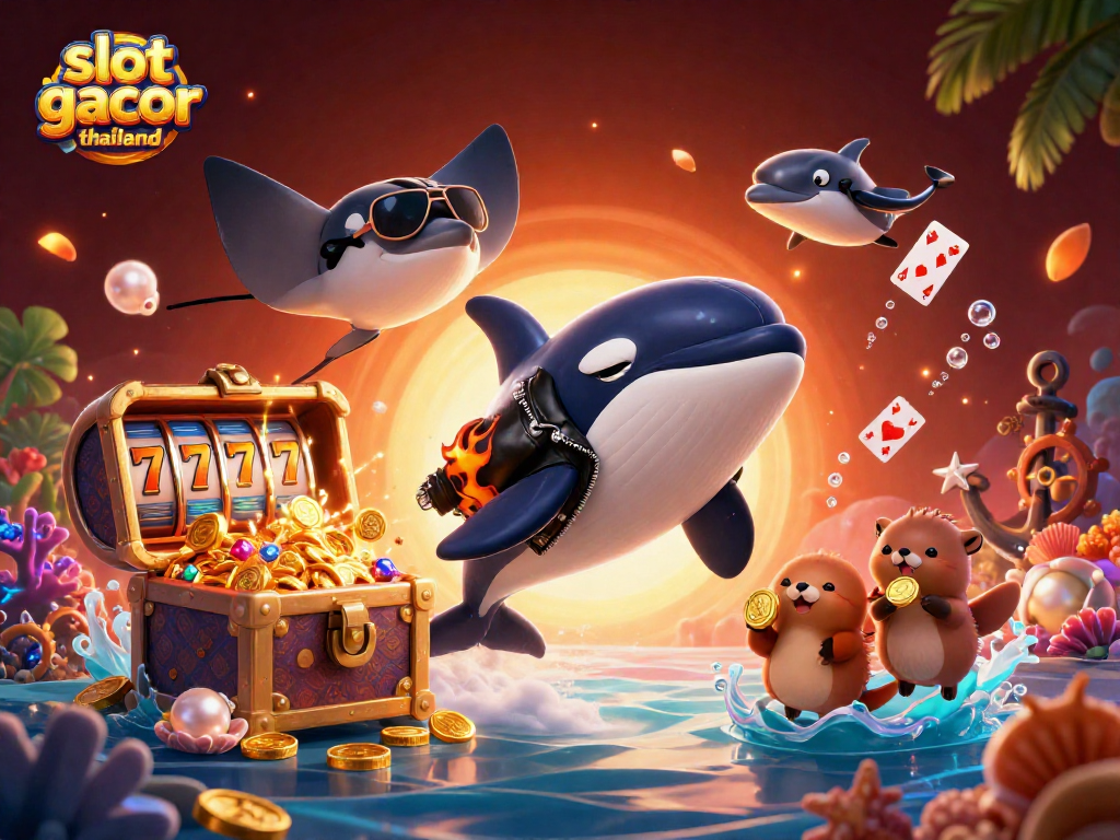Spin the reels at slot gacor thailand with a cartoon orca and otters holding golden coins.
