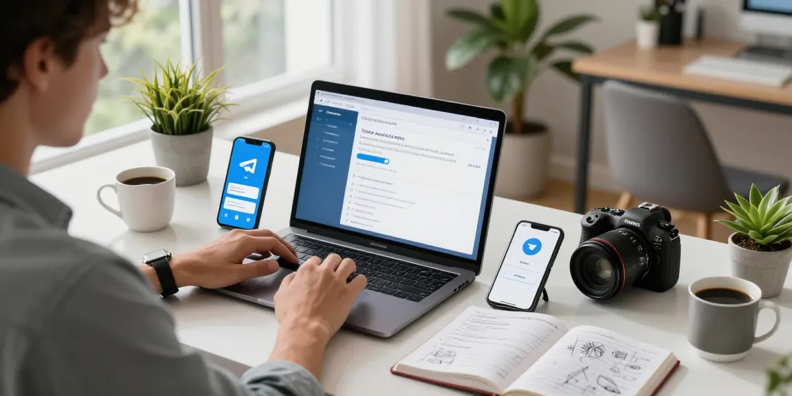 Telegram下载 experience in a modern workspace with laptops and tech gadgets.