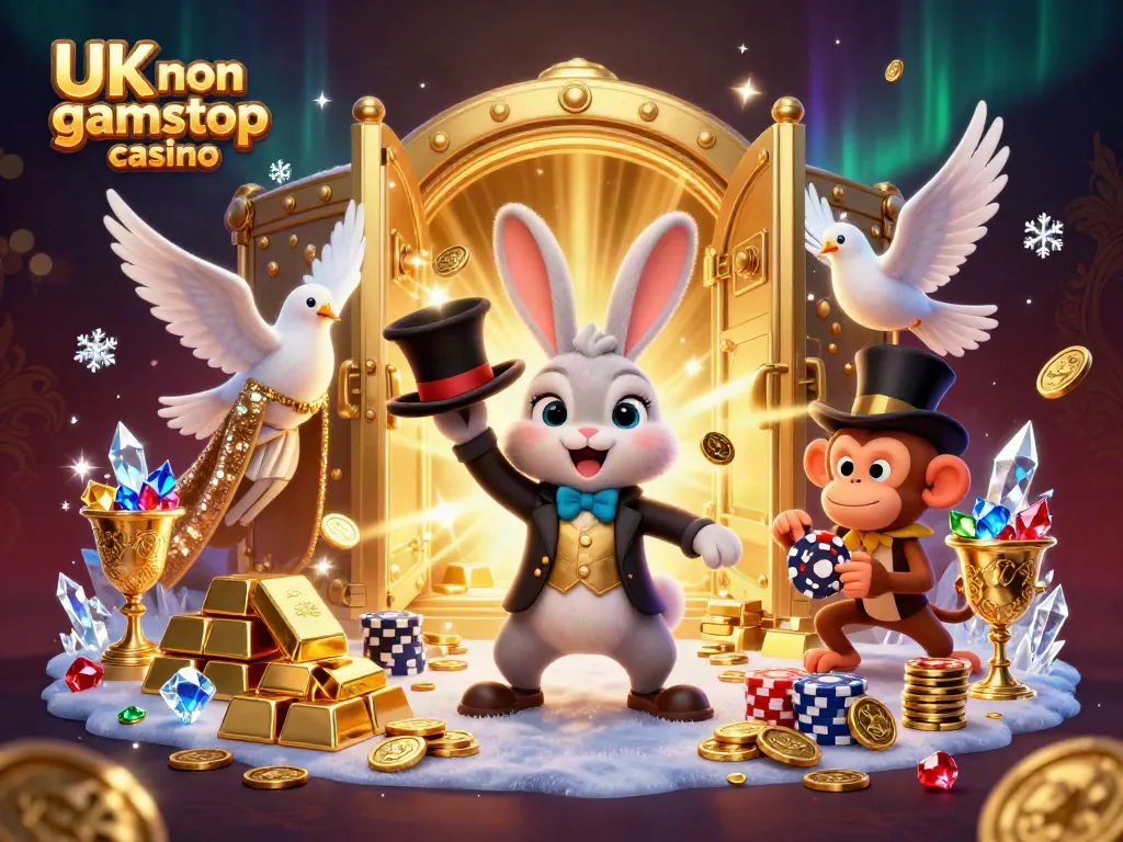 Witness the vibrant scene of a UK non gamstop casino with a magician rabbit, a dove, and a monkey surrounded by gold and gems.