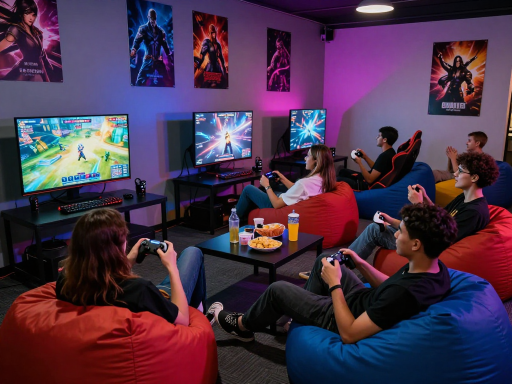 Friends playing engaging porngame in vibrant gaming lounge, colorful LED lights.