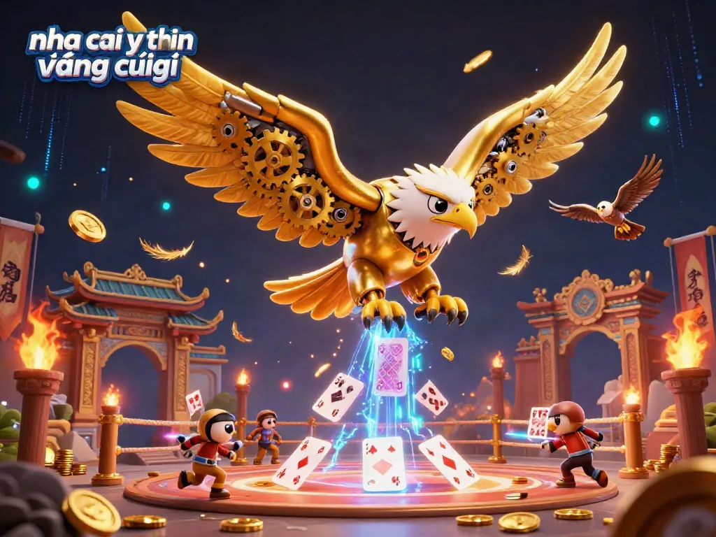 Experience the excitement of nha cai uy tin đáng chú ý through this dynamic 3D casino illustration featuring a cybernetic eagle and vibrant casino elements.