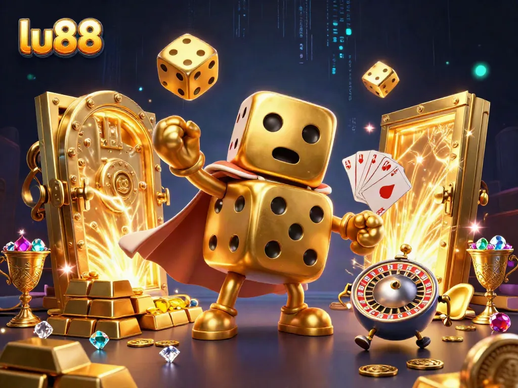 Experience the thrill of gaming at lu88 with golden dice and treasure in a vibrant casino scene.