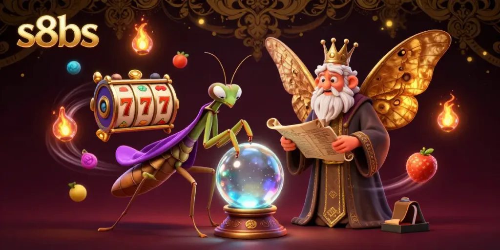Experience betting excitement with s8bs, featuring a fortune teller, ancient scrolls, and dynamic slot reels.