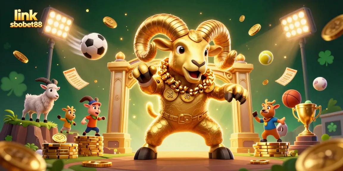 Bet on exciting sports action with the dynamic link sbobet88 illustrated scene featuring golden ram and sports elements.